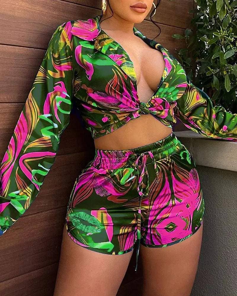 Tropical Shirt & Drawstring Shorts Set