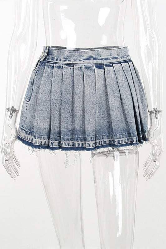 Pleated Denim Mini Skirt