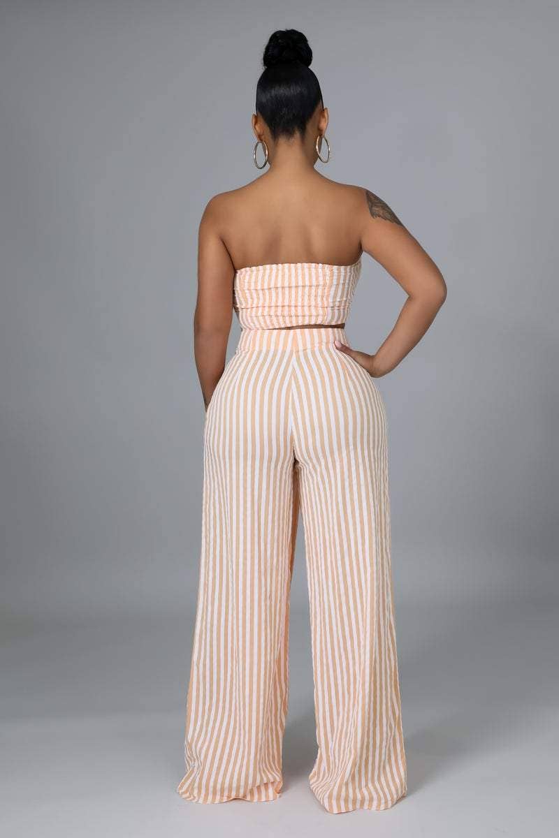 Striped Tube Top Wide Leg Pants Set