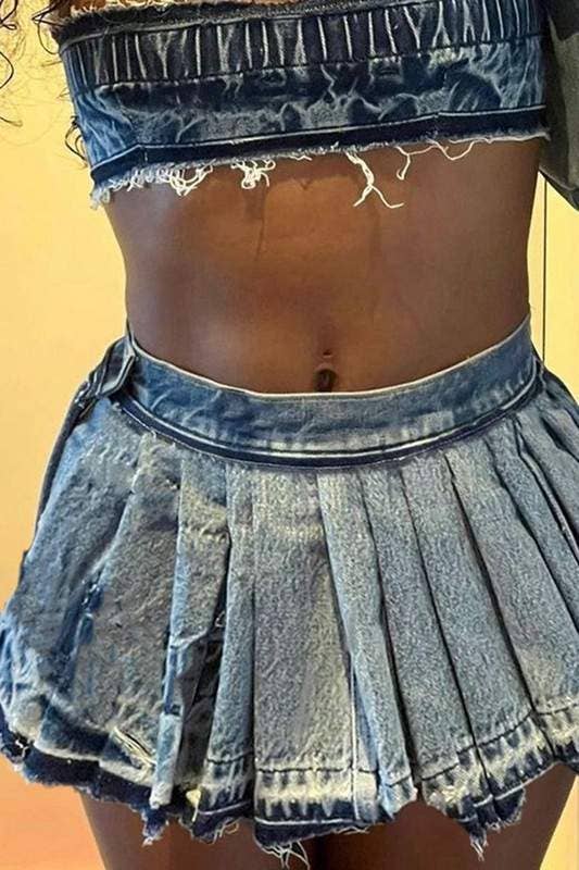 Pleated Denim Mini Skirt