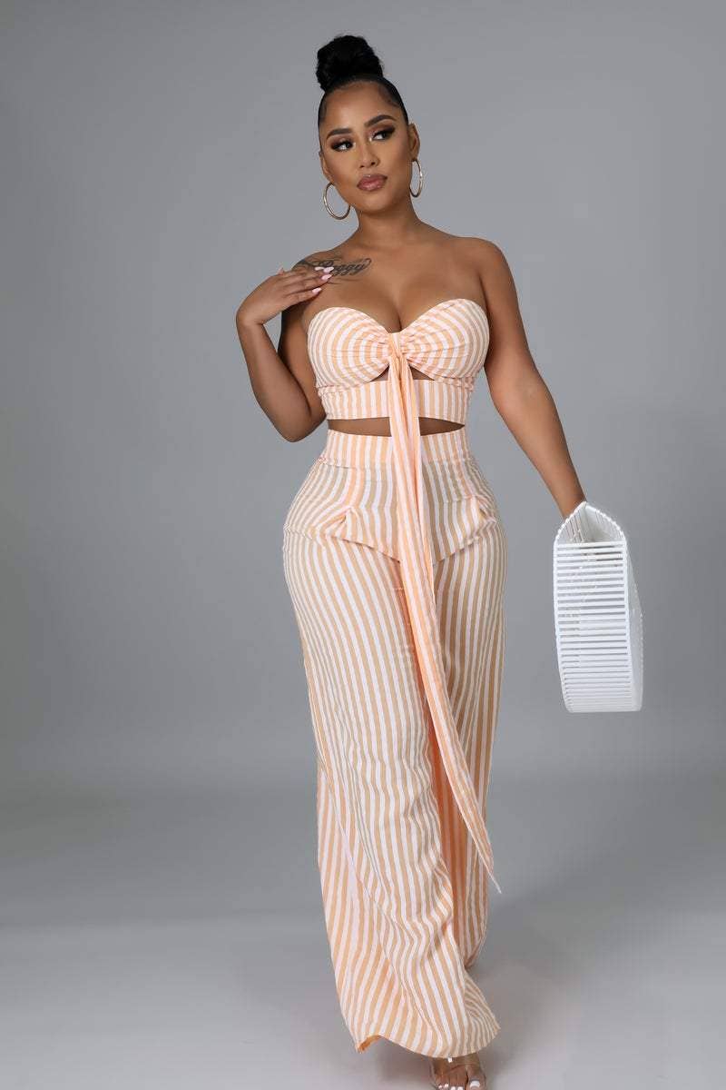 Striped Tube Top Wide Leg Pants Set