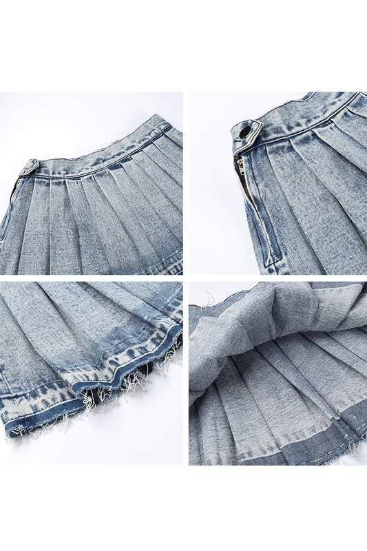 Pleated Denim Mini Skirt