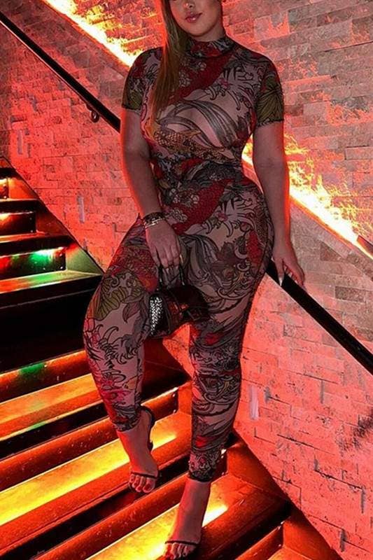 Mesh Graphic Sheer Jumpsuit