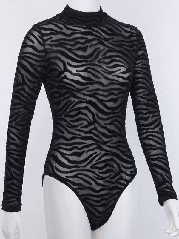 Sheer Long Sleeves Striped Body Suit