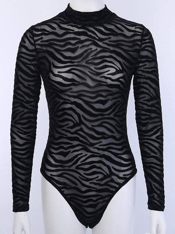 Sheer Long Sleeves Striped Body Suit
