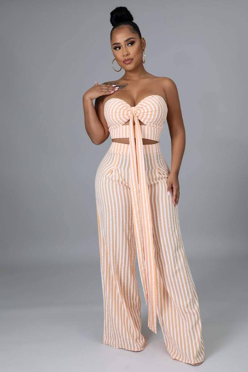 Striped Tube Top Wide Leg Pants Set