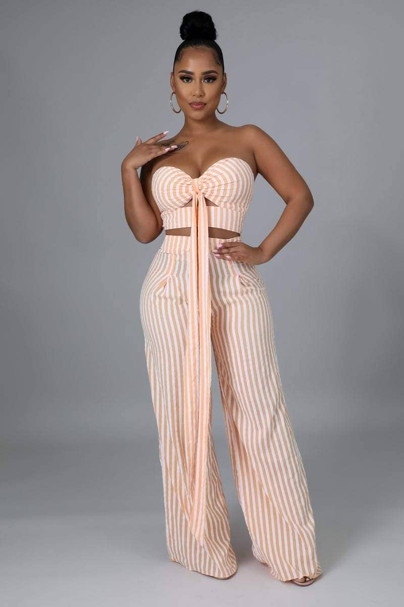 Striped Tube Top Wide Leg Pants Set